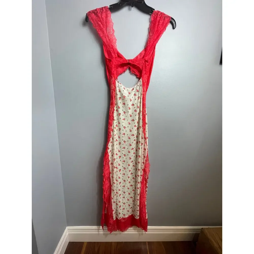 Free People Intimately Suddenly Fine Maxi Slip Dress Tea Combo Floral Lace  [s]